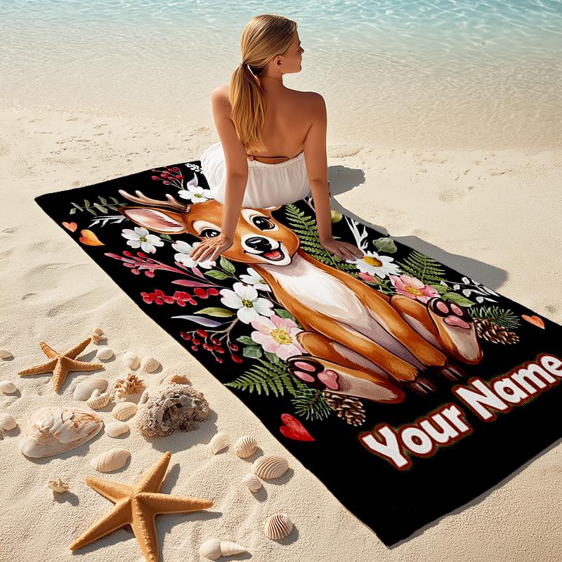 1PC Custom Name Whimsical Deer Garden Art Beach Towel Highly Absorbent And Sand-Resistant Towel for Swimming, Pool, Yoga, And Travel Lightweight