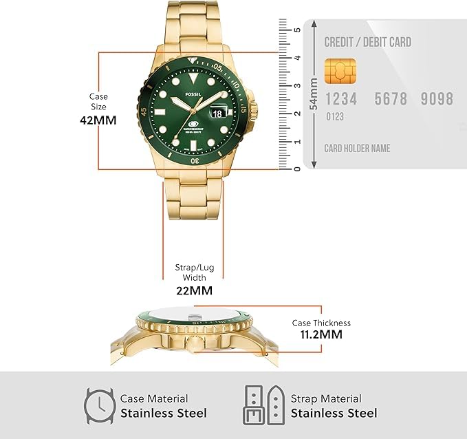 FOSSIL BLUE DIVE Date Stainless Steel Watch Three-Hand Gold-Tone
