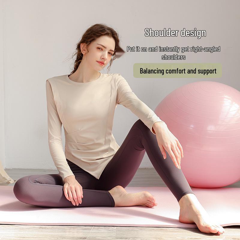 European & American Ruched Waist Long Sleeve Yoga Top - High Stretch Slim Fit