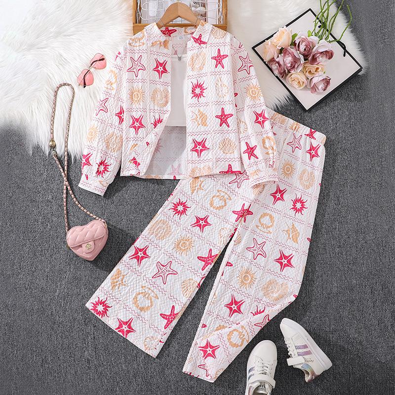 

Детская одежда Осень Новая Детская рубашка с лацканами и длинными рукавами с принтом Топ Длинные брюки Комплект для девочек 11-12Y розовый