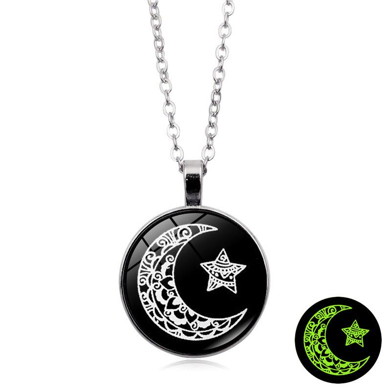 Vintage Luminous Sun Moon Lovers Time Gem Pendant Necklace Women's Jewelry Sweater Chain
