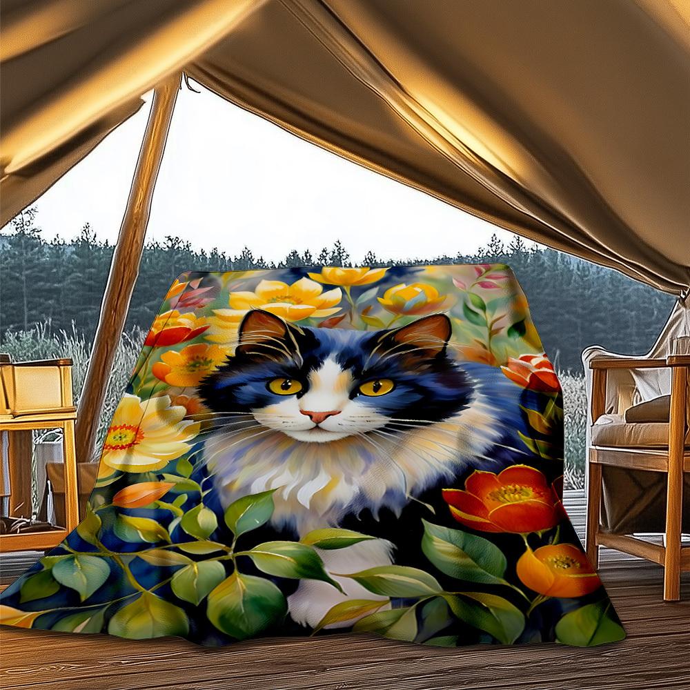 1pc Cat Flowers Outdoor Flannel Blanket , Machine Washable Perfect Gift for Birthday , Holiday Travel Accessory , Durable Material
