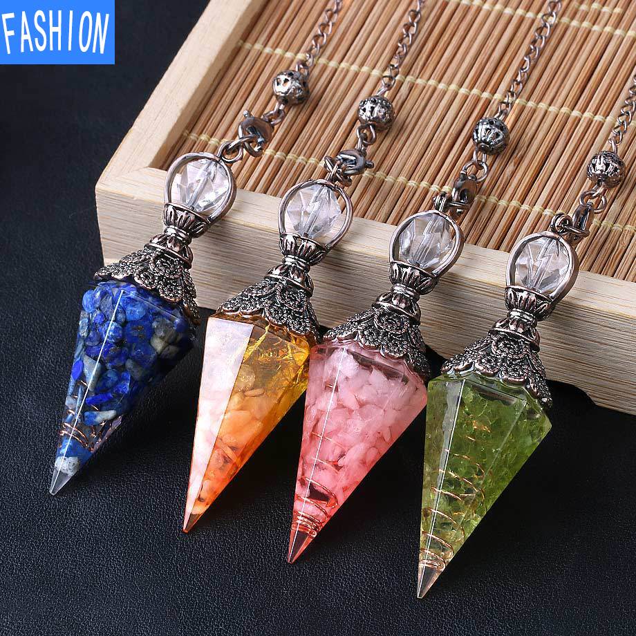 Colorful Crystal Pendulum Bronze Fashion Natural Gravel Resin Spring Hexagonal Cone Pendant