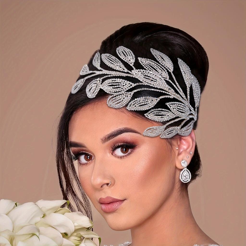 1PC Elegant Handcrafted Braided Headpiece with Sparkling Rhinestones - Leaf-Inspired Design for Bridal and Special Occasions