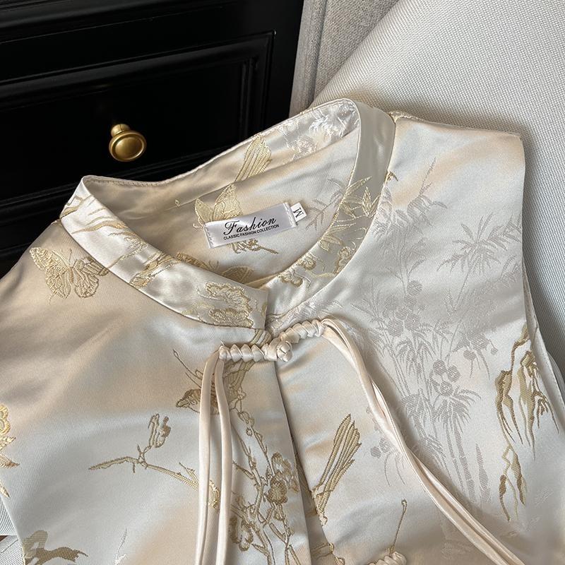 Temperament satin brocade vest women's stand-up collar jacquard sleeveless vest