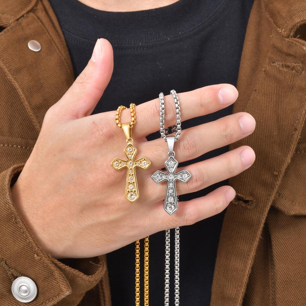 Vnox Stainless Steel Zircon Cross Pendant Necklace with Box Chain for Women Men, Christian Hip Hop Cross Necklace Jewelry Gifts