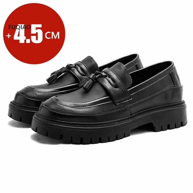 4.5 Cm Height Increase Men's Thick Soled Fringed Black/white Loafers Spring British Style Man Comfortable Business Leather Shoes