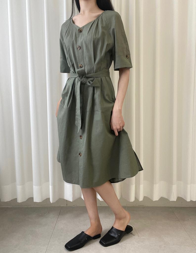 Olgangdijainseutyudio Open-Faced Linen Belted Dress