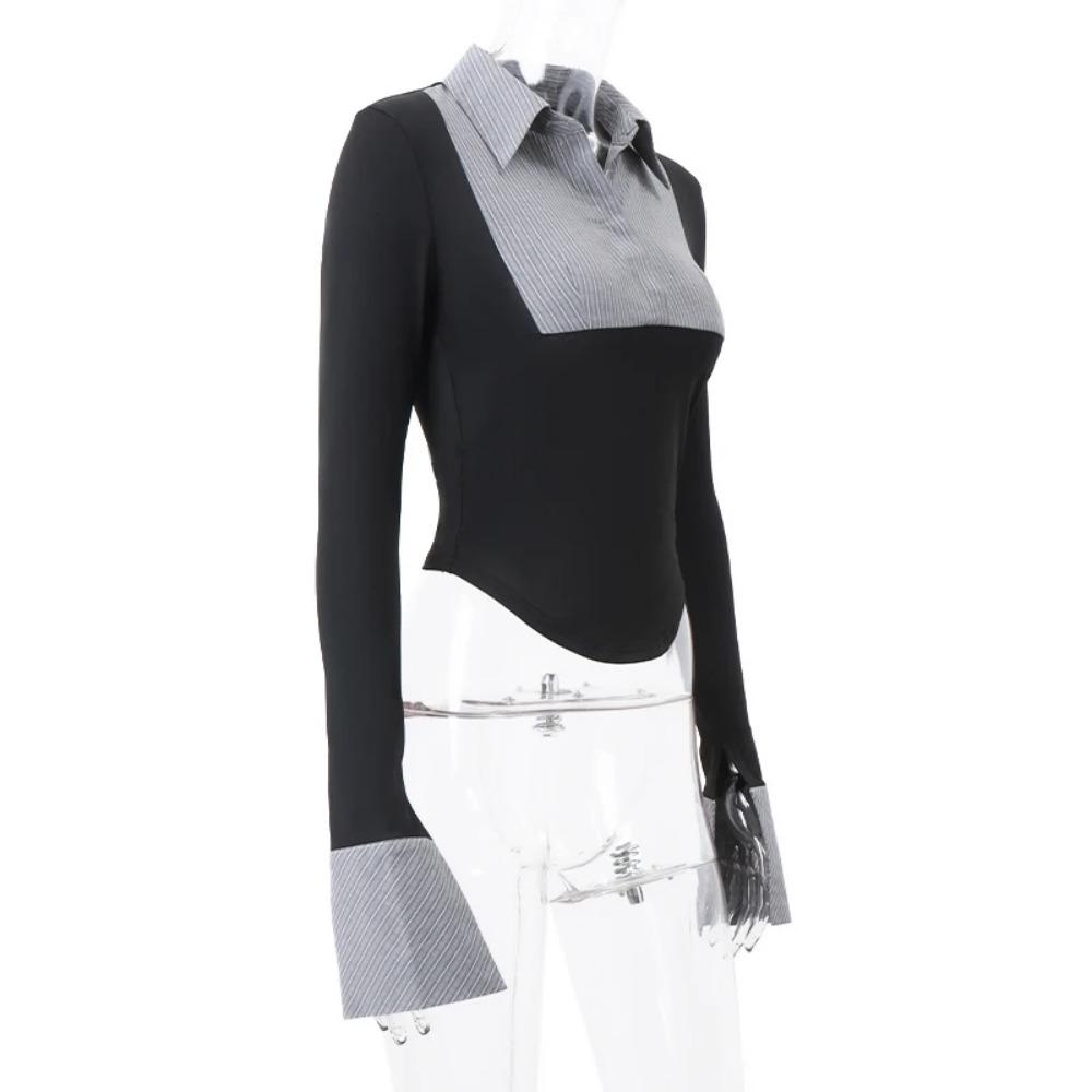 Oficiální dámské košile s pruhovaným potiskem, patchworkové, módní polokošile s knoflíky, úzké zkrácené topy, elegantní košile