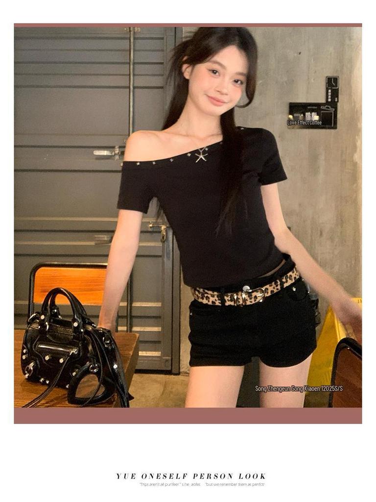 Women's Black Asymmetric Off-Shoulder T-Shirt with Rhinestones, Summer 2025 Collection - Chic and Unique Style