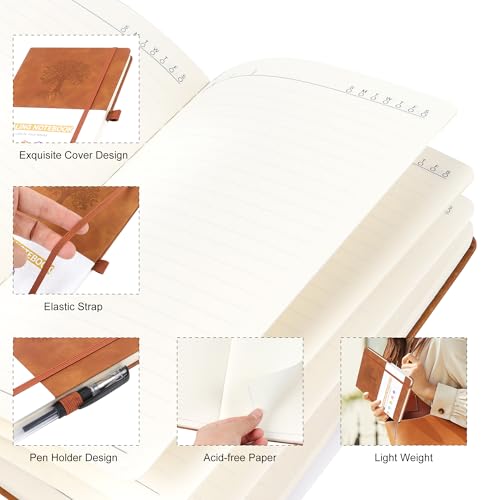 JUNART A5 Ruled Journal Notebook Women Men 192 Pages Leather Hardcover Personal Writing Study Office Travel Records Gifts (red)