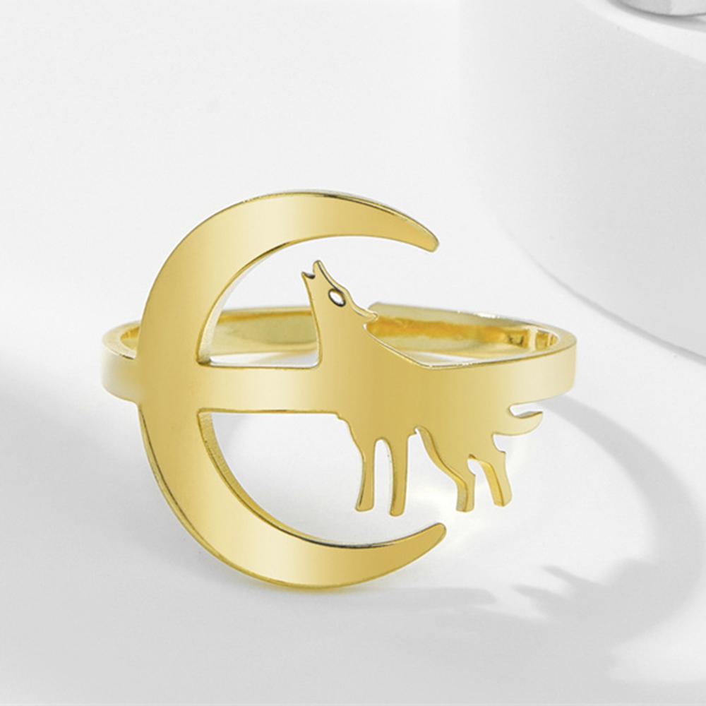 Cazador Wolf On the Moon Open Women's Ring Animal Couple Rings Party Birthday Gift Stainless Steel Jewelry 2026 Wholesale New