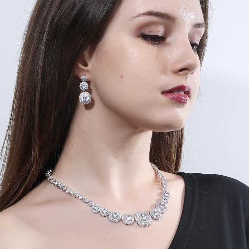 T0132 Bridal, High-End Micro-Inlaid Zircon Necklace Earrings, Two-Piece Set Of Noble Wedding Banquet Jewelry