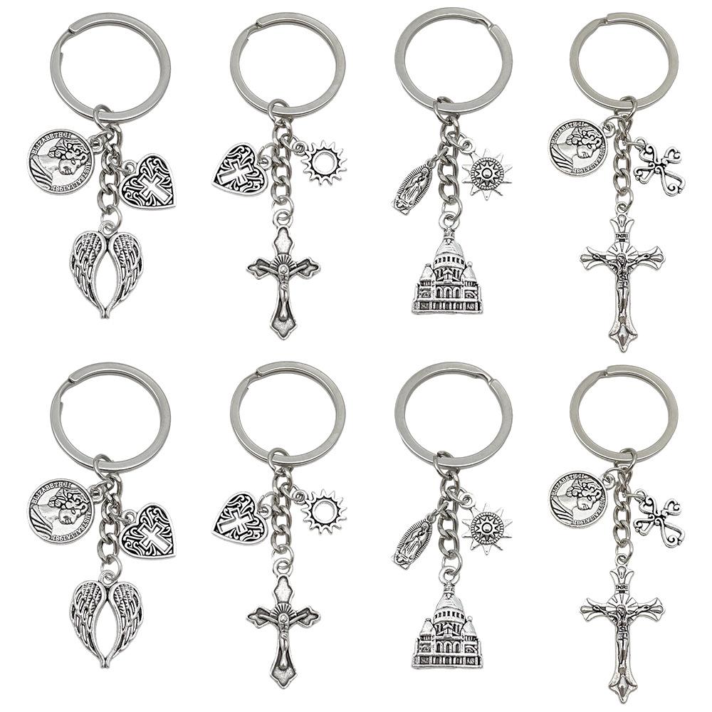 Antique Silver/KC Gold Heart Wings Cross Keychain Pendant