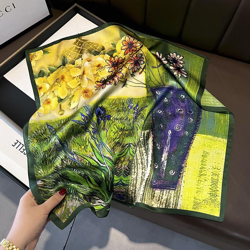 Oil painting color flower silk ribbon 100% mulberry silk scarf long silk scarf Fufeng ancient small scarf green 53*53cm