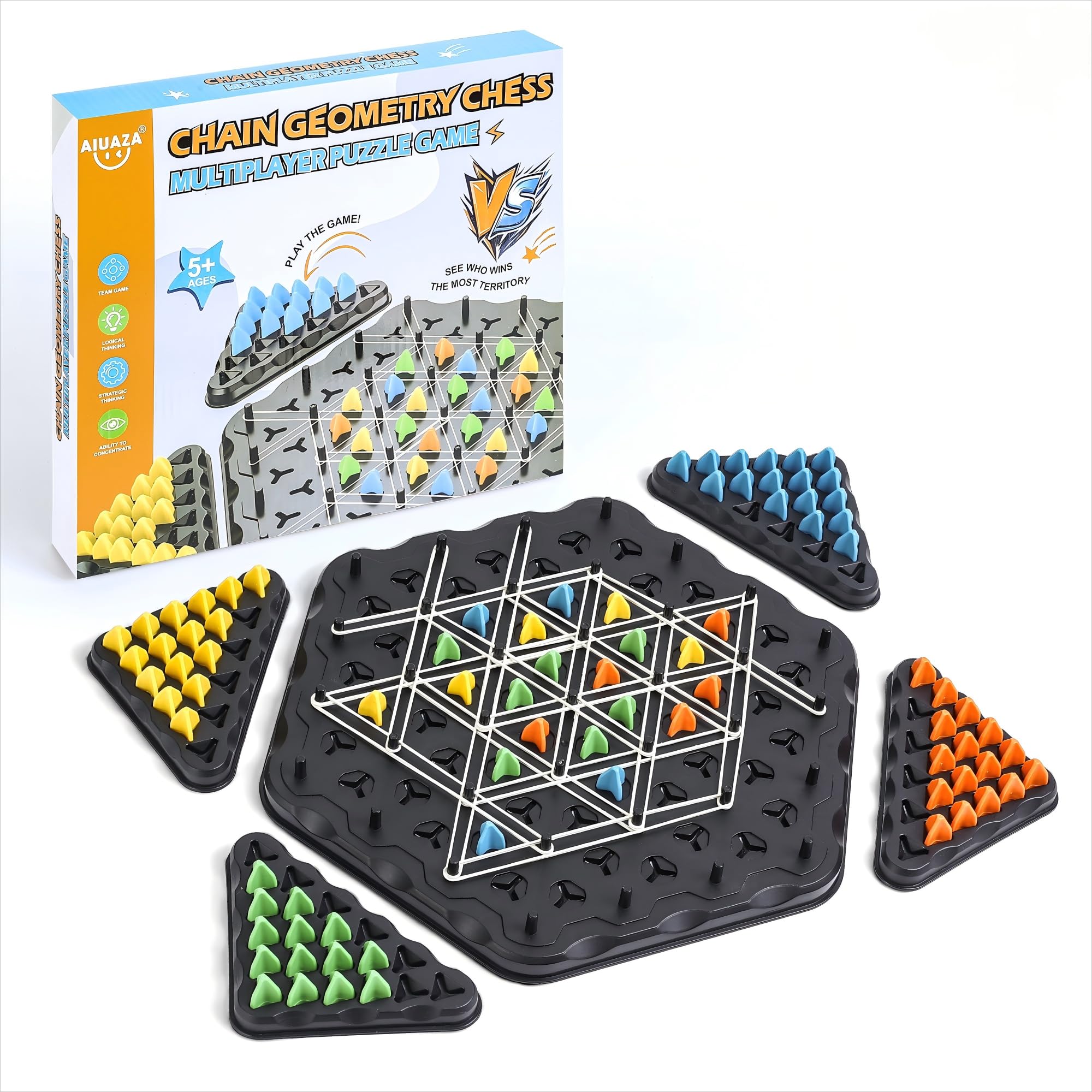 

AIUAZA Triangle Chain Strategy Board Strategy Board Game for Kids Adult Party Family Game Triangle Rubber Band Geometric Chess Players Game, 6-8-12,