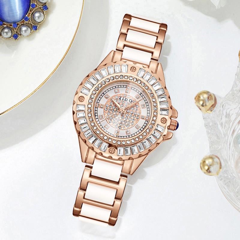 Imitation Ceramic Quartz Watch for Women Minimalist Rhinestone Dial Wristwatch