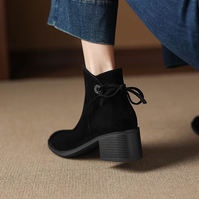 Krazing Pot Cow Suede Nubuck Round Toe Thick Heels Chelsea Boots Size 42 Slip on Women Butterfly-knot Ankle Boots