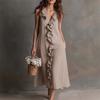 Spot women's clothing spring and summer new solid color sleeveless cotton and linen V-neck large pendulum ruffle edge dress