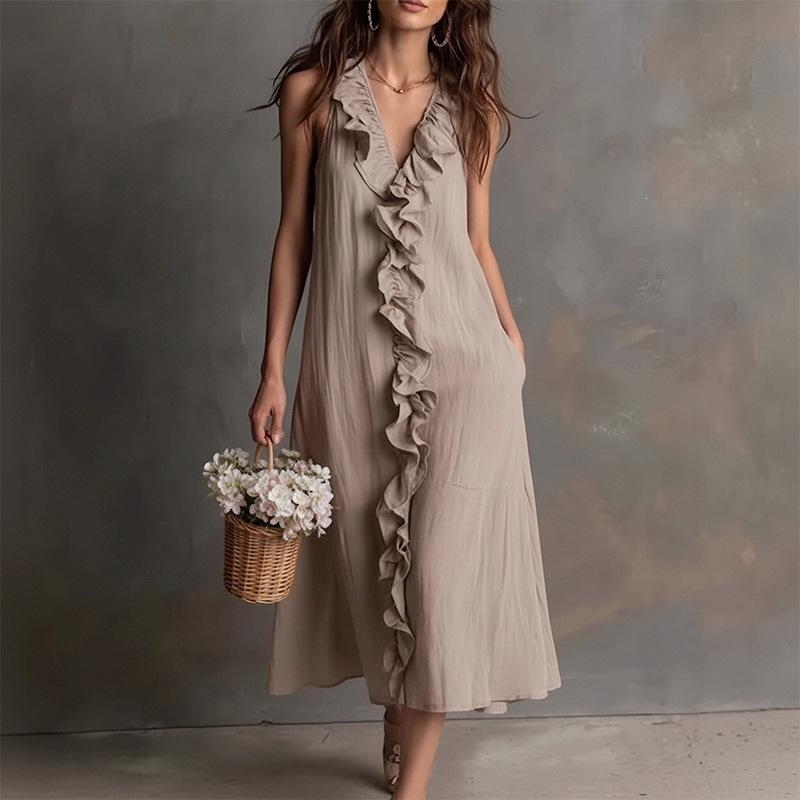 Spot women's clothing spring and summer new solid color sleeveless cotton and linen V-neck large pendulum ruffle edge dress