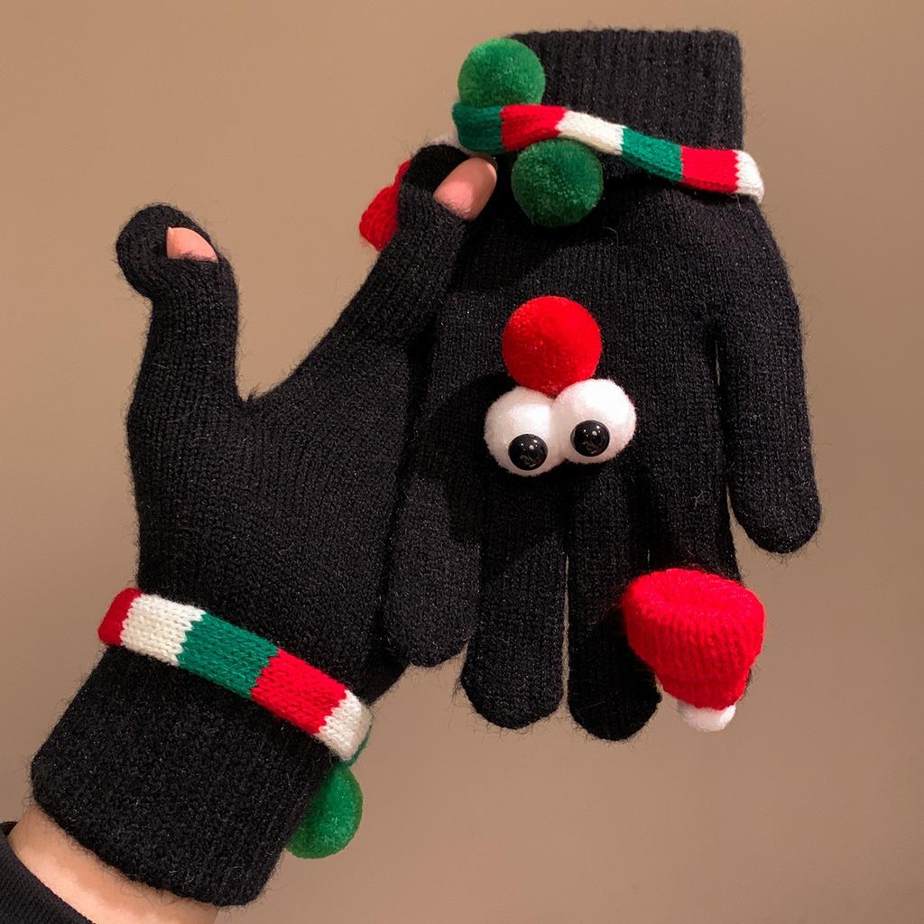 Funny and Cute Red Christmas Tree Big Eyed Gloves for Women In Winter Knitted Plush Warm Five Finger Windproof and Cold Proof