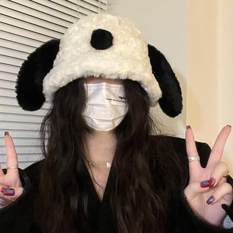 Winter cartoon plush hat cute puppy pullover hat funny warm cycling strap show face small ear protectors