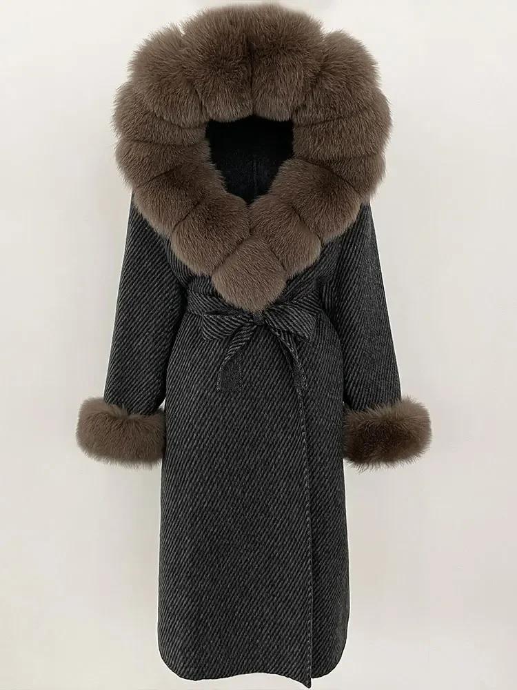 OFTBUY Autumn Winter Women Coat Real Natural Fox Fur Collar Hooded Double-faced Woolen Blends Jacket Thick Warm Casual Overwears