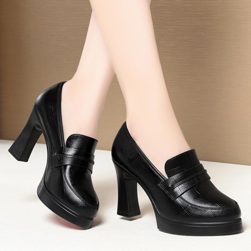 

6.5cm 9cm Elegant Breathable Soft Leather Shoes Woman Pumps Spring 2025 Decent Block High Heels Shoes Black for Office Model 35