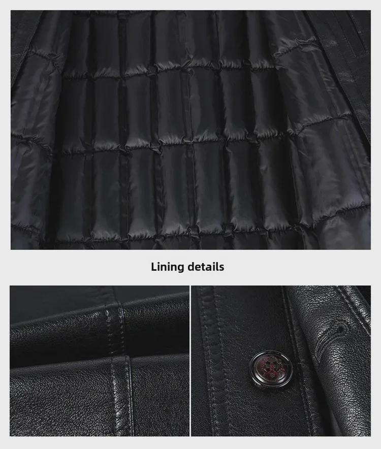 Chaqueta de cuero genuino de invierno para hombre con cuello de piel desmontable y forro de plumón: ideal para personas de mediana edad y mayores.