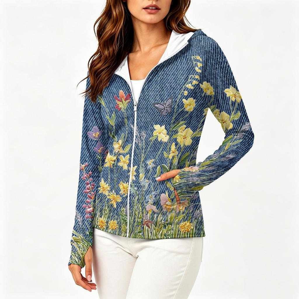 Damen Kapuzenjacke mit Reißverschluss, langen Ärmeln und Taschen, mit Blumenmuster, leichte SonnenSchutz-Außenjacke für Outdoor-Aktivitäten