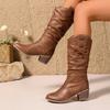 Fashion Autumn Winter Women Boots Retro Pointed Toe Western Cowboy Boots Thick Heels Ruffled Leather  Plus Size Mid-Calf Boots Woman