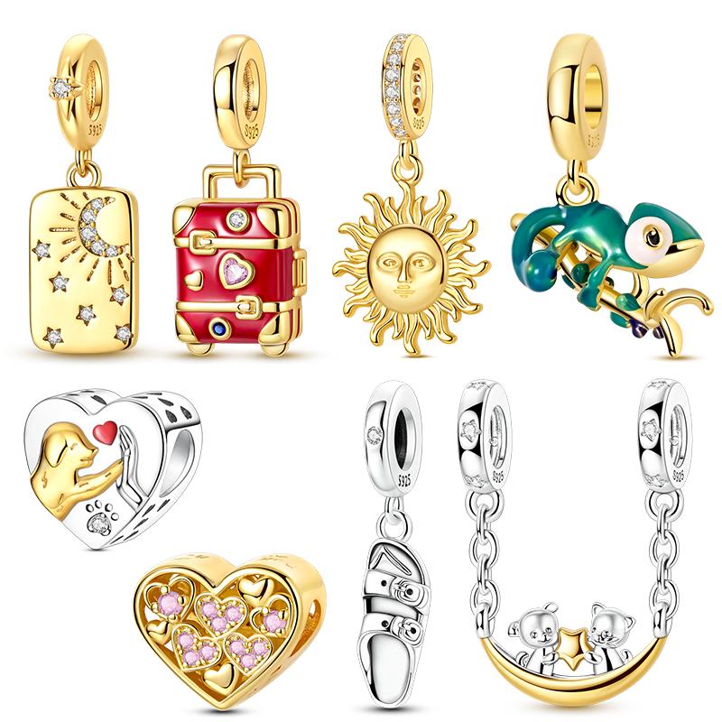 Original Sparking Golden Charms Copper Star Moon Sun Pendants Beads Fit Bracelet Necklace Jewelry Gift For Women