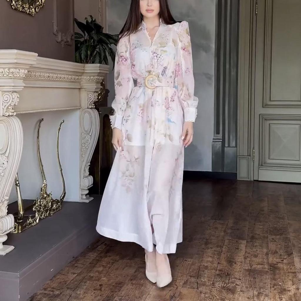 European & American Floral Print V-Neck Long-Sleeve Dress