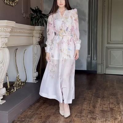 Europäisches & Amerikanisches Blumenmuster V-Ausschnitt Langarmkleid