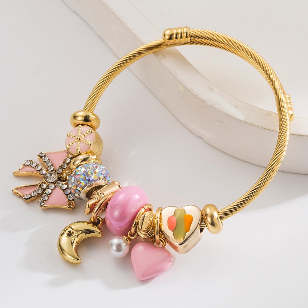 

Браслет из бусин своими руками с подвеской в виде бантика и луны, из нержавеющей стали, регулируемый розовый