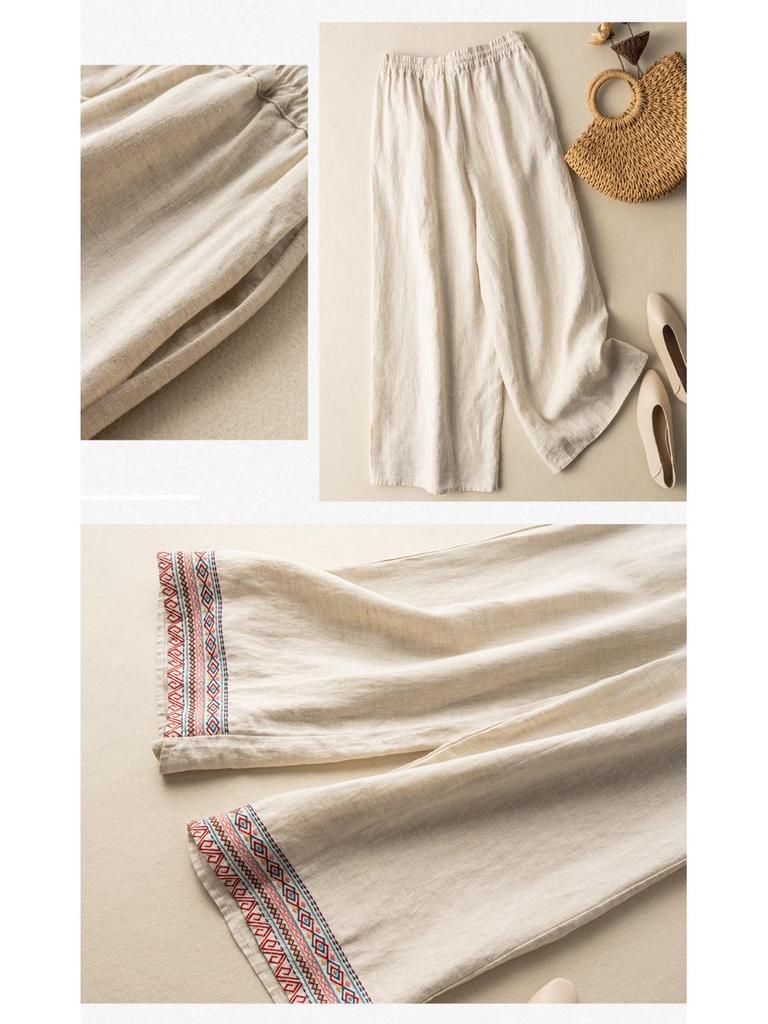 2024 Spring Summer Women's Cotton Linen Embroidered Wide-Leg High-Waist Casual Pants
