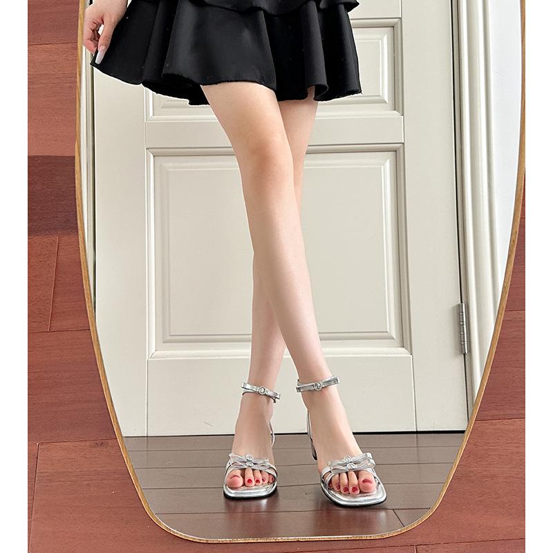 Summer new fairy style thick heel with buckle silver rhinestone sandals women's bow high heels