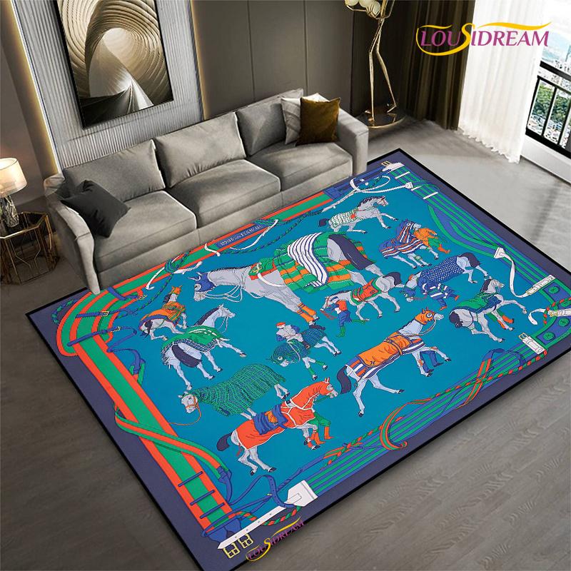 Fashion Ethnic Frame Carpet Horse Home Decor Rectangle Room Rug Black Green Orange Living Room Bedroom Bedside Floor Table Mat