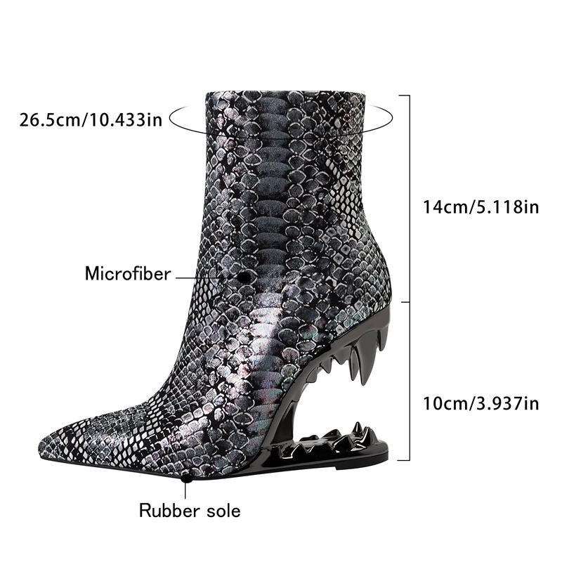 Fashion Women's New Spring and Autumn Pointed Tiger Tooth Heel Snake Pattern Zipper and Calf High Heel Plus Size Short Boots