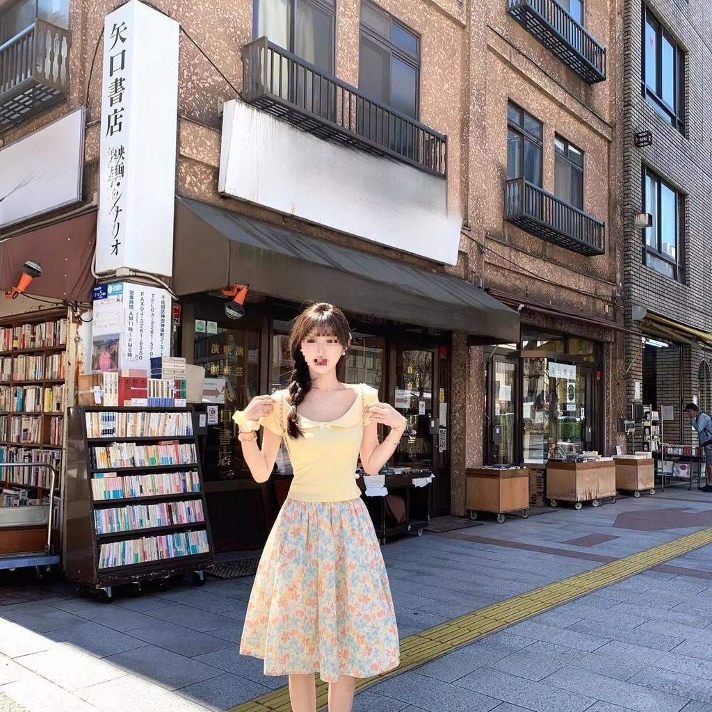 Vintage Korean Style Floral Print Midi Skirt With Elastic Waist For Casual Spring Fashion
