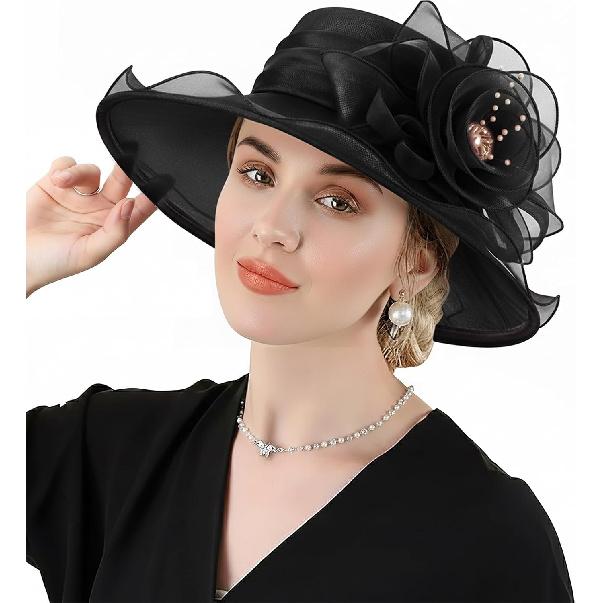 DRESHOW Damen Organza Hut Kirchenkappe Hüte Ausverkauf Kentucky Derby Cocktail Teeparty Hochzeit Blumenhut mit breiter Krempe