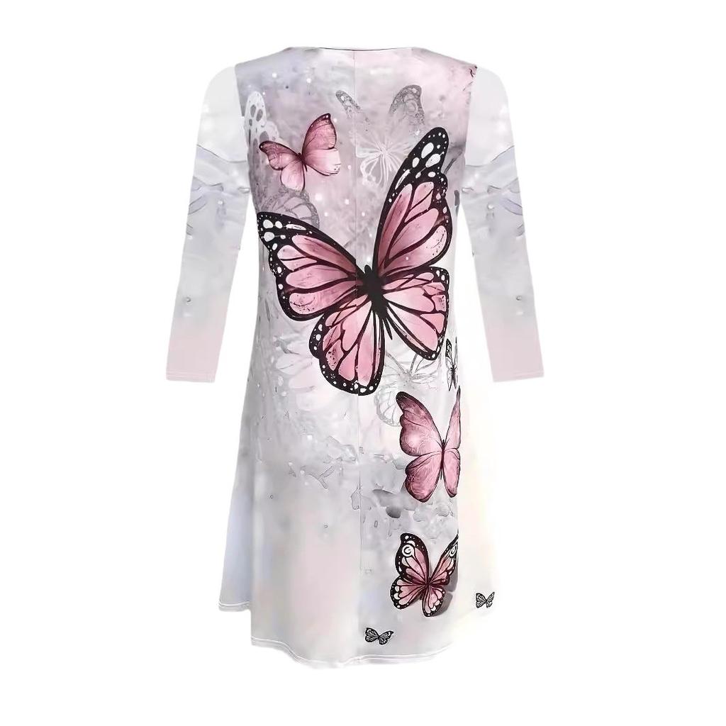 European and American New Elegant Spring and Autumn Butterfly Print Round Neck Women's Long-sleeved Dress