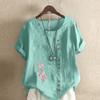Women's FashionPink Flowers Prined Round Neck Short Sleeve T-shirt Casual Cotton Linen Graphic Shirt Leisure Loose Summer Blouse Tops Plus Size