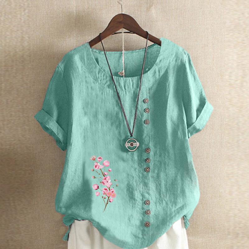 Women's FashionPink Flowers Prined Round Neck Short Sleeve T-shirt Casual Cotton Linen Graphic Shirt Leisure Loose Summer Blouse Tops Plus Size