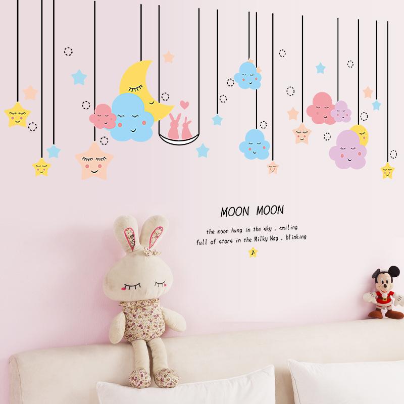 Cartoon Moon Clouds Stars Wall Stickers for Kids Room Decor Nursery Living Room Bedroom Background Vinyl Decals