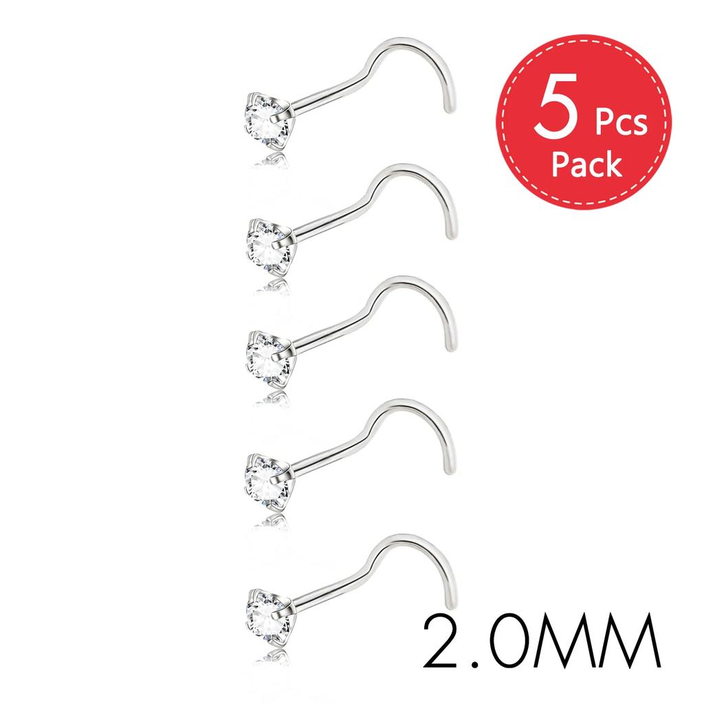 5Pcs CZ Gem Stainless Steel Nose Piercing Stud Crystal Nariz Body Jewelry S L Bone Shape Nostril Rings for Women Girl 20g 0.8mm
