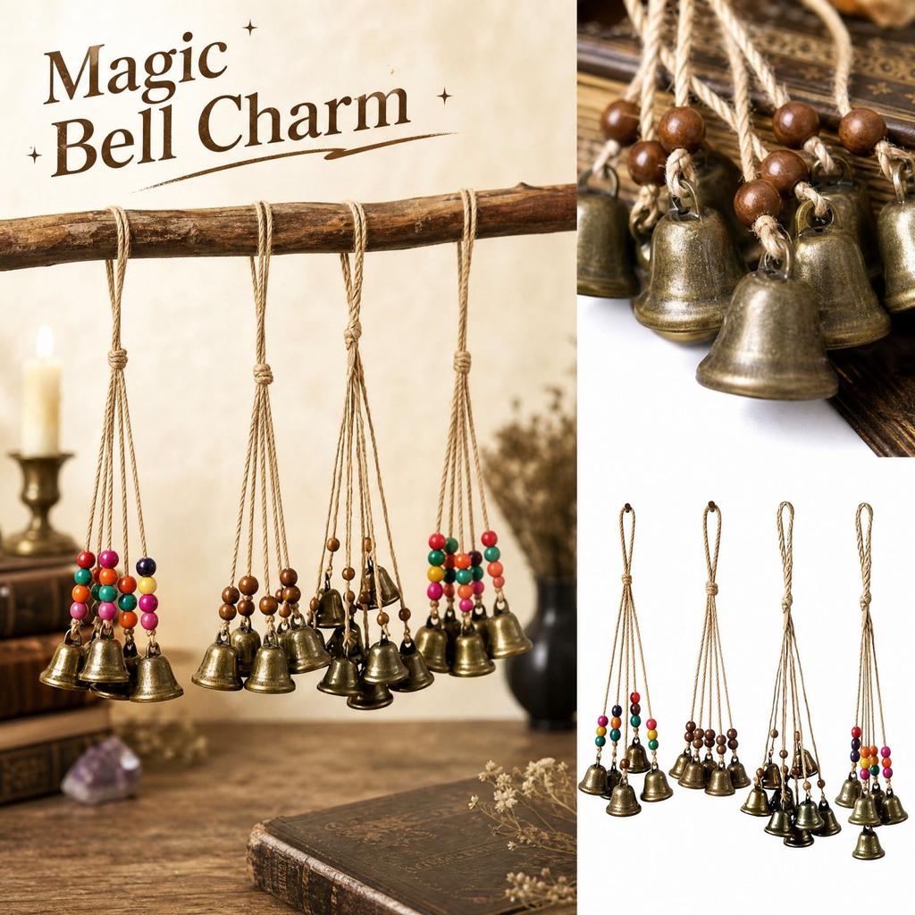 Jute Rope Witch Bells Halloween Hanging Decoration with 8 Coffee Beads and 8 Bells