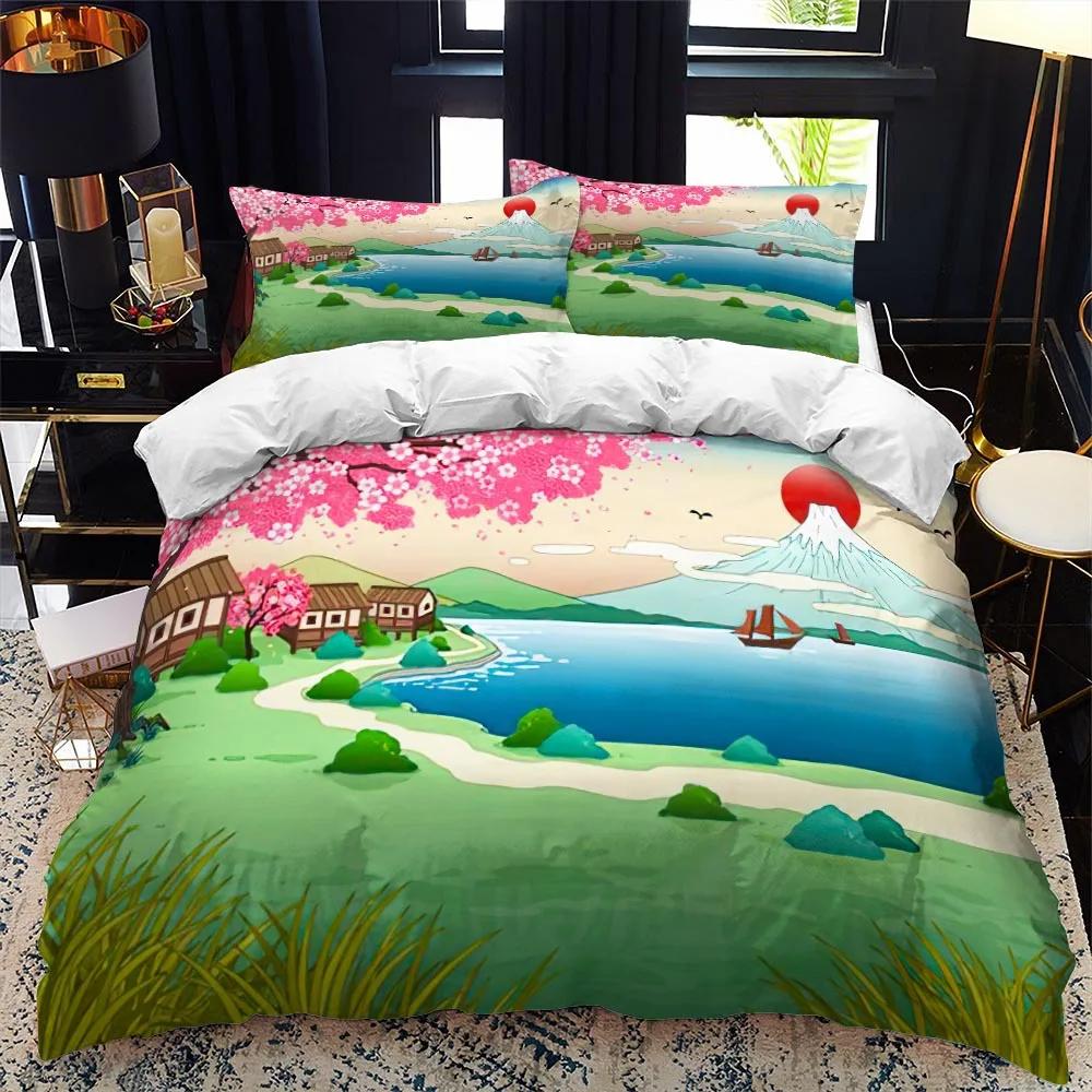 Dynetrekk i japansk stil King Queen Full størrelse Ukiyo-e-tema bølgemønster polyester sengetøysett Fuji Mountain Exotic Style