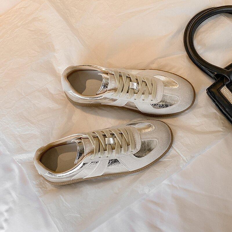 Silver German training shoes women's 2025 new retro leather sports and leisure board shoes versatile flat white shoes women