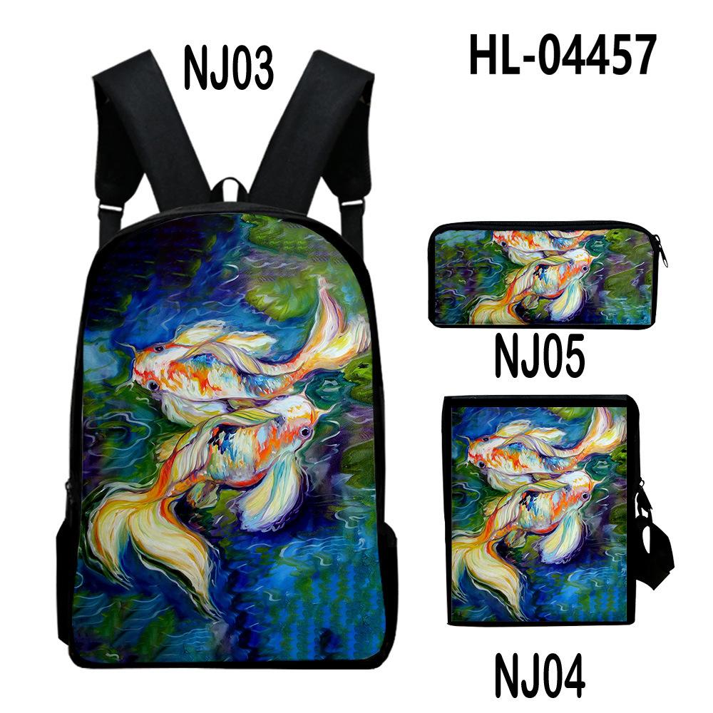 Classic Novelty Cool Koi Carp 3D Print 3pcs/Set Pupil School Bags Laptop Daypack Backpack Inclined Shoulder Bag Pencil Case